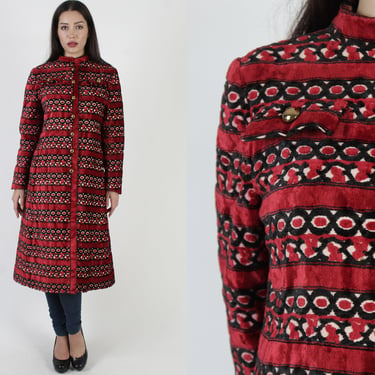 60s Ruby Red Velvet Chenille Coat, 1960s Neusteters David Ow Long Tapestry Jacket, Vintage Christmas Holiday Duster S M 