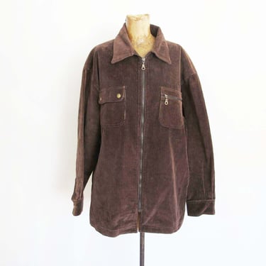 Vintage 90s Brown Corduroy Zip Up Chore Coat L - 1990s Grunge Boxy Oversized Cord Jacket 