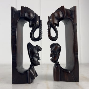 Vintage Ebony Wood Sculptures, Hand Carved, Man, Woman and Elephants, African Art, for vintage home decor, collectible, shelf decor, gift 
