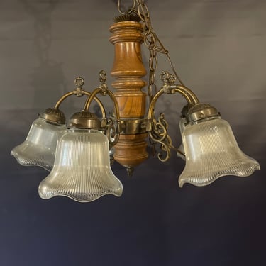 Contemporary wood and steel 5 arm chandelier