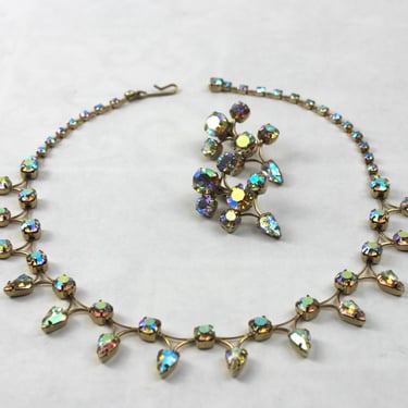 Vintage Aurora Borealis Diamante Necklace Earring Demi Parure Set 