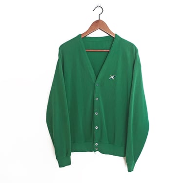 vintage cardigan / grandpa cardigan / 1970s Duck logo green acrylic knit grandpa cardigan Medium 