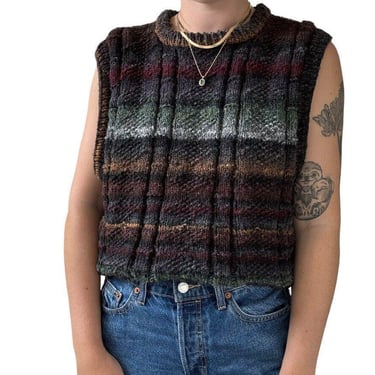 Vintage Womens Hand Knit Striped Chunky Wool Fall Colors Sweater Vest Sz L 