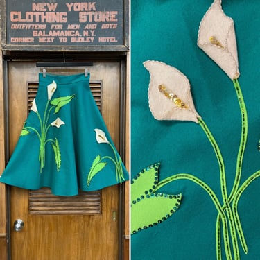 Vintage 1950’s Amazing Lily Flowers Felt Appliqué Rockabilly Circle Skirt, Vintage Circle Skirt, 1950’s Skirt, Appliqué, Lily, Sequins, 