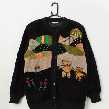 80s vintage chenille teddy bear cardigan - Medium 