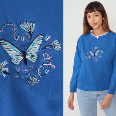 Butterfly Sweatshirt 90s Blue Embroidered Floral Sweatshirt Flower Butterflies Print Sweater Layered Crewneck Shirt Vintage 1990s Medium M 