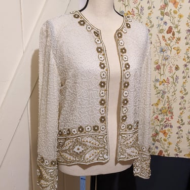 Beautiful 100% Silk Vintage Cream and Gold Beaded Jacket 