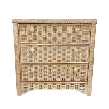 Wicker Nightstand Chest with 3 Drawers - Whitewash Rattan Coastal Boho Chic Oversized Bedside or End Table 