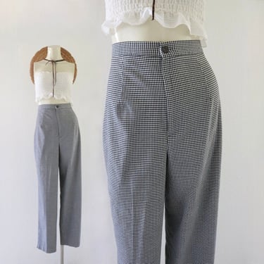 micro gingham trousers - 32 - vintage 90s y2k black white womens check plaid  hight waist flat front 