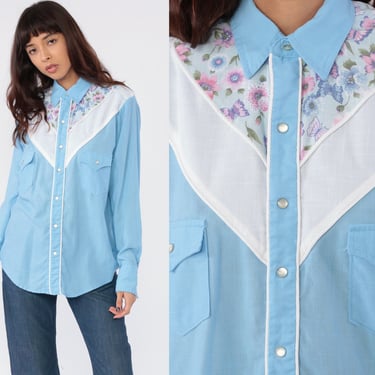 Western Butterfly Blouse 80s Floral PEARL SNAP Shirt Cowgirl Country Baby Blue White Top 70s Vintage Pastel Button Up Yoke Long Sleeve Large 