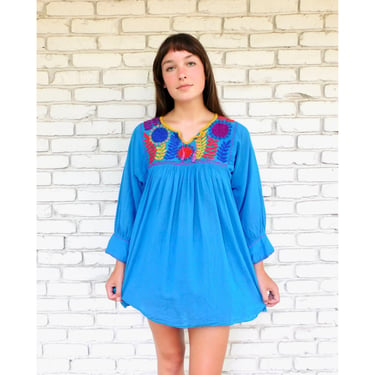 Hand Embroidered Mexican Tunic Blouse // vintage blue gauzy gauze cotton boho hippie Mexican hand embroidered mini dress hippy // O/S 