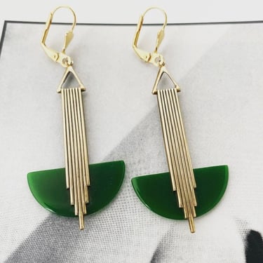 Art deco earrings Vintage 'Odeonesque'  Racing Green bakelite / galalith Geometric bakelite earrings by BakeliteBa