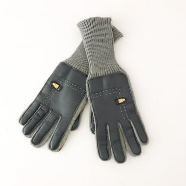 Vintage Faux Leather Knit Gloves Gray 80s - Driving Gloves - Leather Palm - Knit Fingers - Knitted 