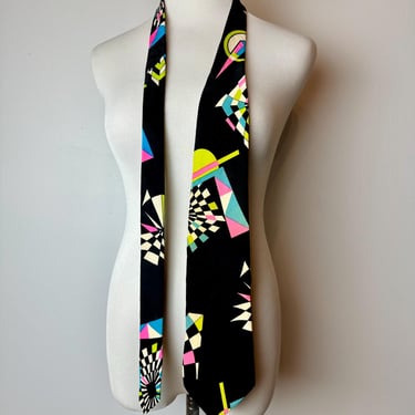 Vintage Handmade Silk Necktie~ Pat Argenti Bright vivid neon with black~ 1990’s retro vibes geometric abstract shapes art deco newwave 