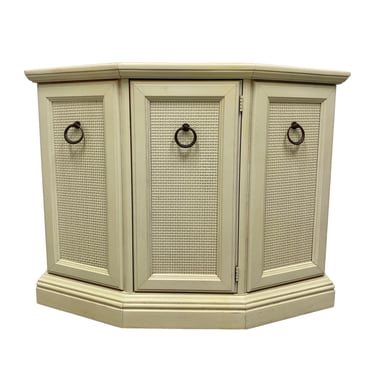 Narrow Vintage Cabinet with Faux Rattan Wicker - Hollywood Regency Coastal Accent Table, Entry or Bathroom Furniture 