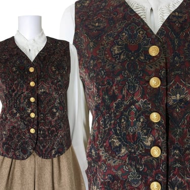Vintage Paisley Vest, Small / Women's Oxford Style Vest / Burgundy and Blue Steampunk Vest / Vintage Fitted Waistcoat with Gold Buttons 
