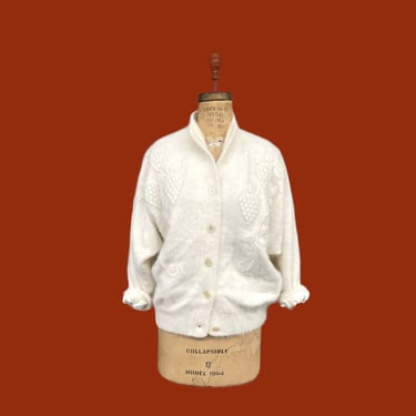 Vintage Cardigan Retro 1980s Dongo Fashion + Angora Knit Wear + White + Buttondown + Embroidered Stitching + Fall Weather + Womens Apparel 
