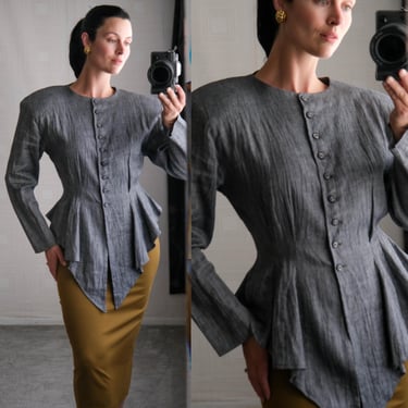 Vintage 80s CLAUDE BARTHELEMY Gray Linen Avant Garde Exaggerated Peplum Jacket Blouse | Made in France | 100% Linen | 1980s Designer Shacket 