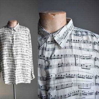 Vintage Mens Silk Button Up with Music Notes 