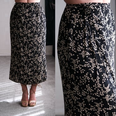 Vintage Y2K EMANUEL UNGARO Liberte Black & Cream Botanical Floral Silhoutte Wrap Skirt | 2000s Y2K UNGARO Designer Rayon Wrap Midi Skirt 