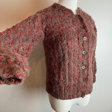 Vintage handmade nubby wooly cardigan sweater~ grey & red woven knit~ petite size classic preppy style Small 