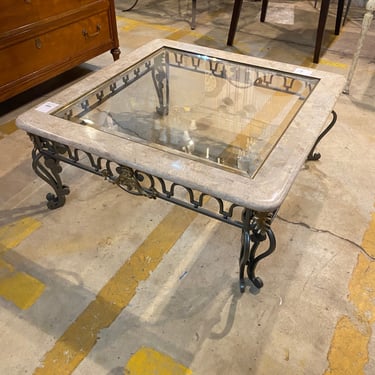 Stone and Metal Framed Glass Top Cocktail Table