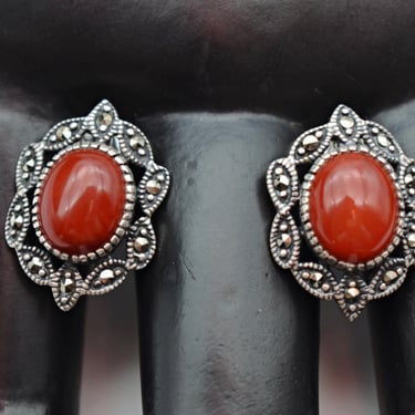 80's Art Deco style 925 silver red jasper marcasite studs, vibrant sterling pyrite oval earrings 