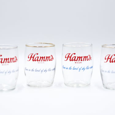 Hamm's Beer Tasting Glasses, Set of 4, Barrel Glass, From the Land of Sky Blue Waters, Gold Trim, Vintage, Mid Century 70s Retro Bar Barware 