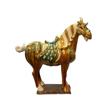 Chinese Distressed Tan Brown Color Glazed Ceramic Horse Figure ws3396E 