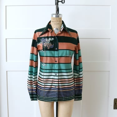 vintage 1970s abstract stripes nylon shirt • green & peach floral long sleeve blouse 