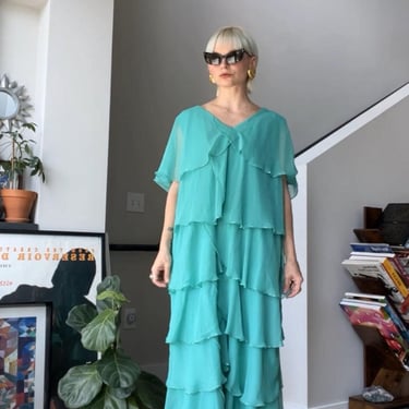 VTG 80s Turquoise Tiered Layered Beaded Dress 