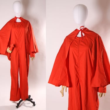1970s 1980s Red Long Sleeve One Piece Jumpsuit with Matching Red Cape Pointed Tail Devil Costume -M 