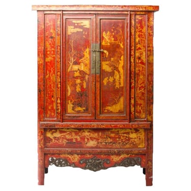 A Chinoiserie red lacquered wardrobe, 19th C.