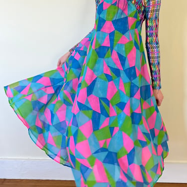 LBV 60’s Fabric Sheer Cotton Gauze Geometric Psychedelic Bias Cut Strappy Midi Dress