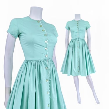 Vintage 1960s Fit and Flare Dress, Pastel Green Cotton Swing Dress with Buttons, Extra Small Petite 