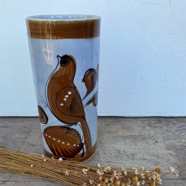 Vintage Mexican Bird Vase, Cylinder Vas, Brown And Blue Gray, Bird Loves, Tonala, Pottery, READ Description Please 