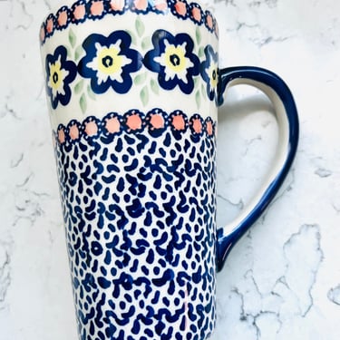 Manufaktura Polestrwcu Polish Pottery Tall Mug 14oz Tall Hand Painted Floral Blue, Pink, Green, Poland Coffee Cup Folk Art by LeChalet