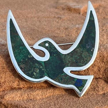 Los Castillo ~ Vintage Taxco Sterling Silver and Azurmalachite Stone Inlay Dove Bird Brooch / Pin c. 1950's 