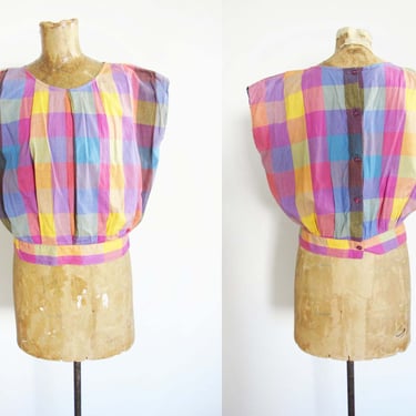 Vintage 80s Madras Plaid Blouse M - 1980s Pink Yellow Womens Plaid Button Back Cotton Top 