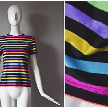vtg 70s Henry Bendel black + neon rainbow stripe spandex short sleeve top | size Small 1970s stretch colorful shirt summer lycra pink 