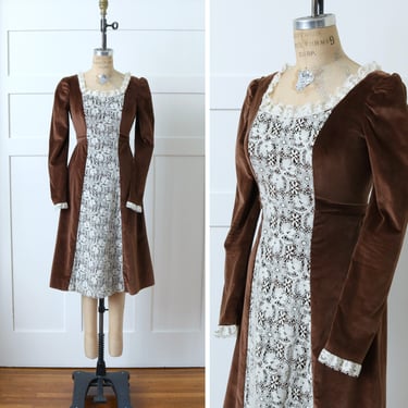 vintage 1970s romantic velvet & lace dress • boho prairie dress with puff sleeves • brown and white 