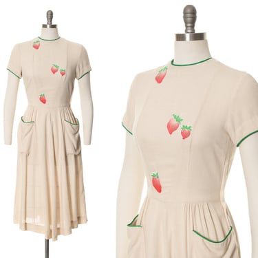 Vintage 1940s Dress | 40s Strawberry Fruit Appliqué Novelty Print Linen Cream Pockets Button Back Fit Flare Day Dress (small/medium) 