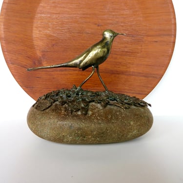 Brutalist Brass Bird And Stone Sculpture, 1970s Large Studio Mixed Metal Art Statue of Shorebird 