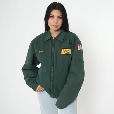 Vintage Green Workwear Jacket 90s Florida Pest Control Patch Embroidered Name Quilted Lining Zip Up 1990s Red Kap USA Men's Medium Regular 