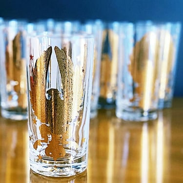 Patriotic 4th of July glassware 4 Highball cocktail glasses w/ Gold American Eagle stars & stripes by Gay Fad, Mid Century gold bar glasses 