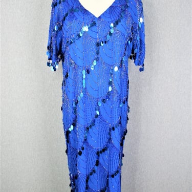 Beaded - Royal Blue - Cocktail Dress - Circa 1980s - Fringe Movement - by Oscar Time - Marked Small 