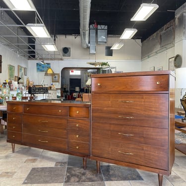 Mid Century Walnut Lowboy & Highboy Dressers by Bassett Furniture