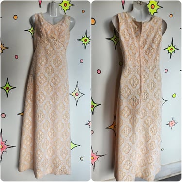 Vintage 1960s 70s | Peach and White Lace Maxi Dress | Small 6 