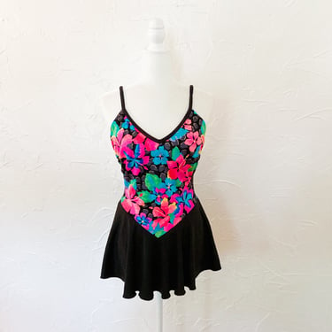 80s Bright Tropical Floral and Black Skirted One Piece Swimsuit | Large 