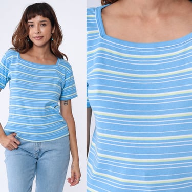Tight Striped Shirt 90s Blue Baby Tee Short Sleeve T Shirt Square Neckline White Lime Fitted Retro Tee Vintage Stretchy Large L 